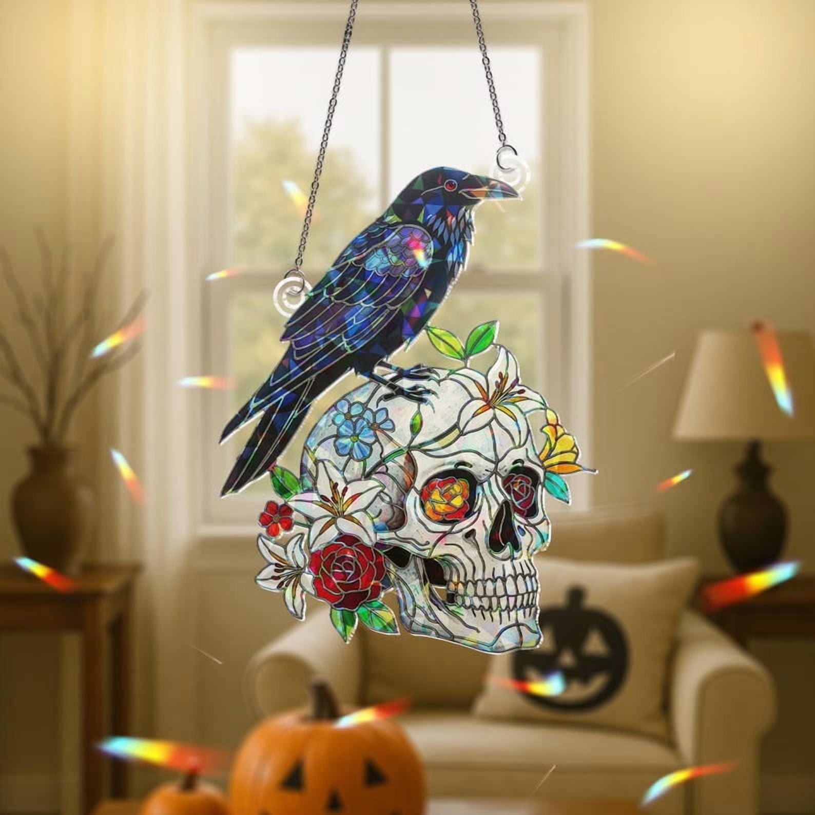 ViciArt Raven & Skull Holographic Acrylic Suncatcher – 4" Faux Stained Glass Window Hanging Decor