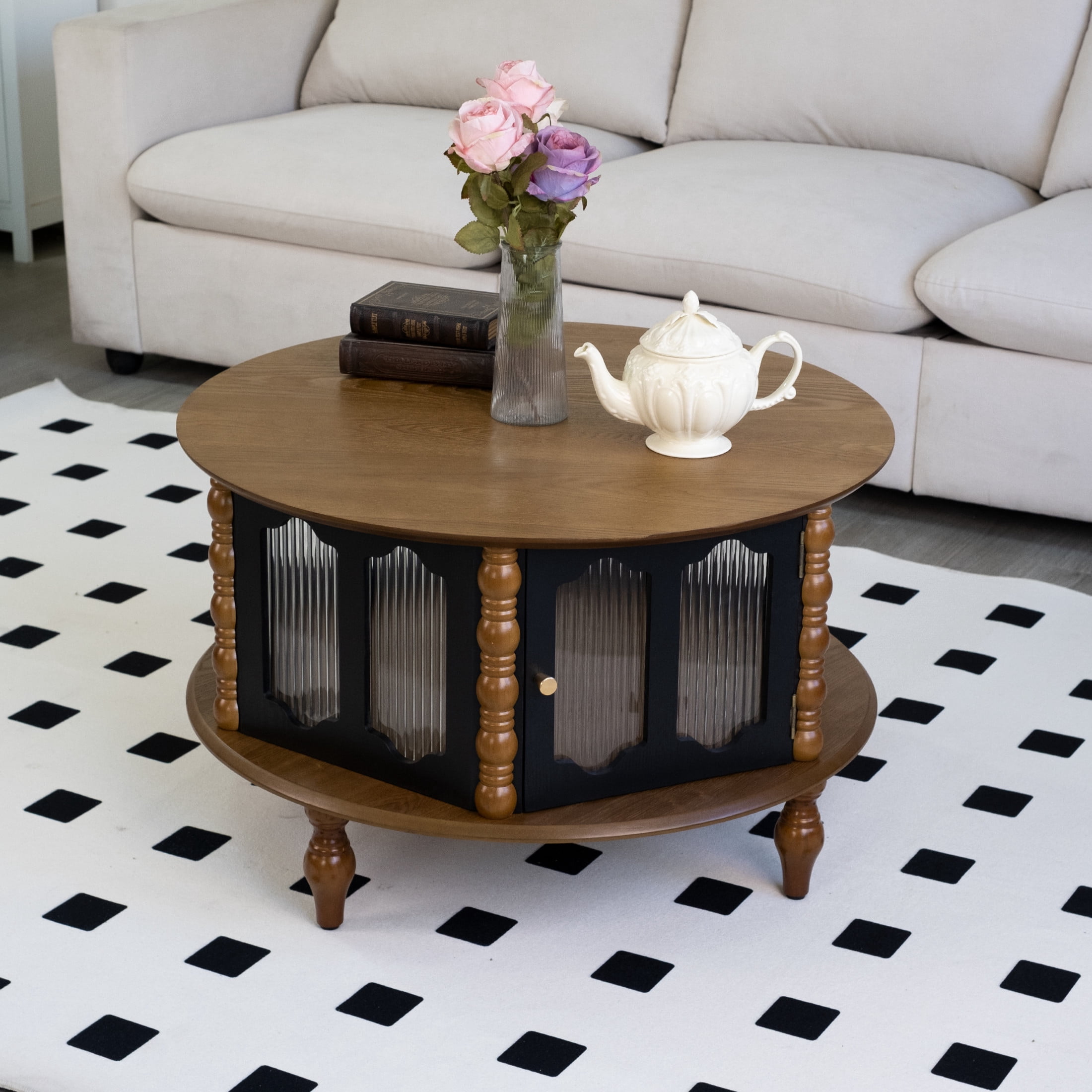 Noble House Mourade 31.5" Round Coffee Table with Storage, Industrial Modern Center Table for Small Spaces, Brown