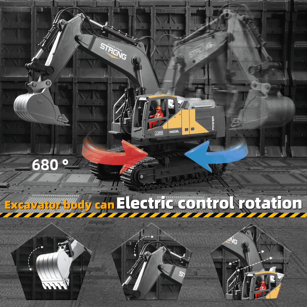 RC Excavator Toy for Boys, 16 Ch, 680 Degree, Simulate Smoke and Lighting, Remote Control Car Toys for Children, Christmas Gifts,2 Batteries
