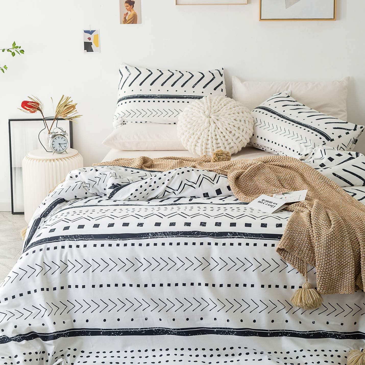 BBSET 3 Pcs Queen Boho Duvet Cover, Black Geometric Pattern Printed on White Bohemian Comforter Cover Bedding Set