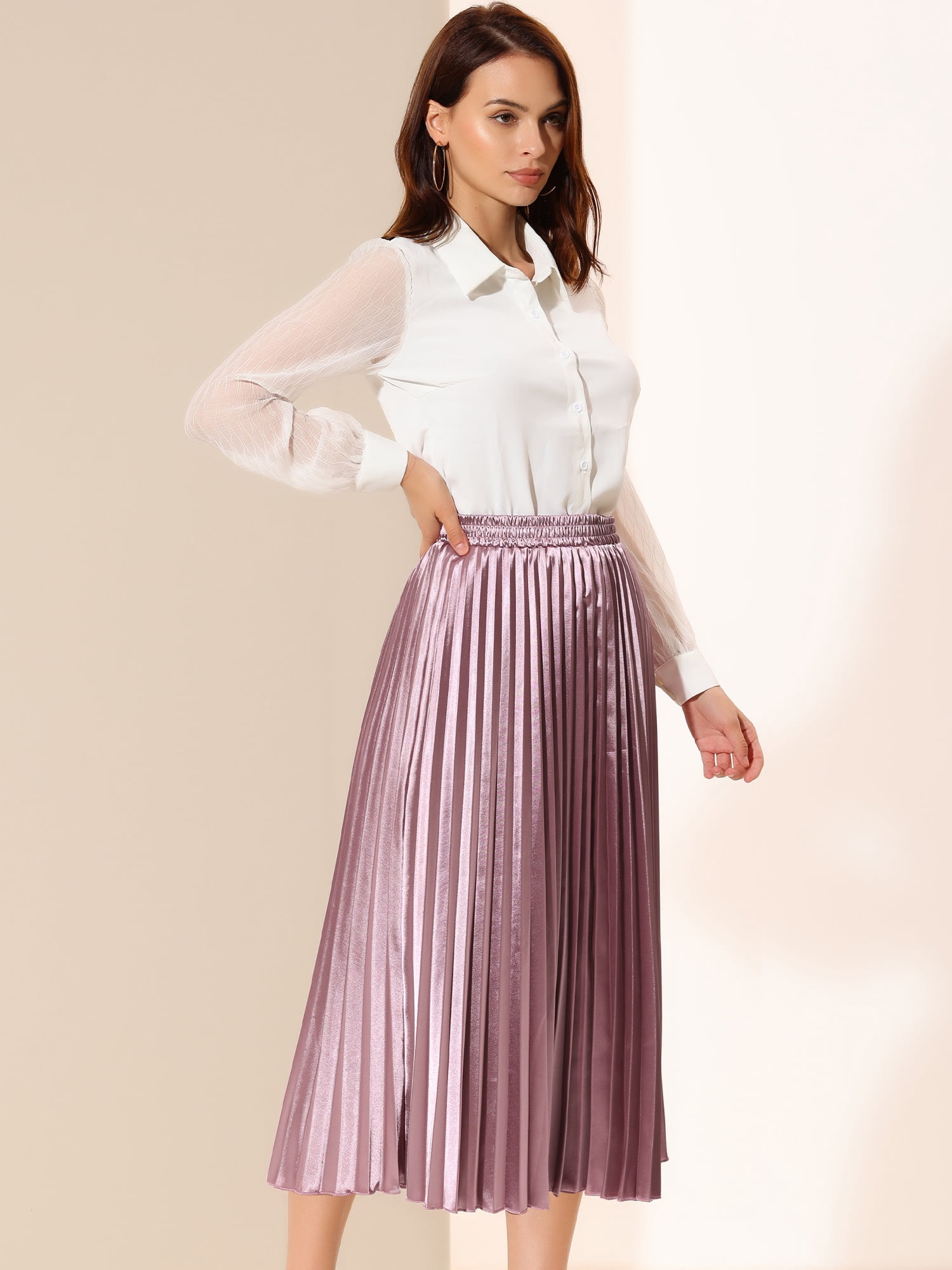 DARING DIVA Women's Midi Length Elastic High Waisted Pleated Skirt 3XL Rose Purple