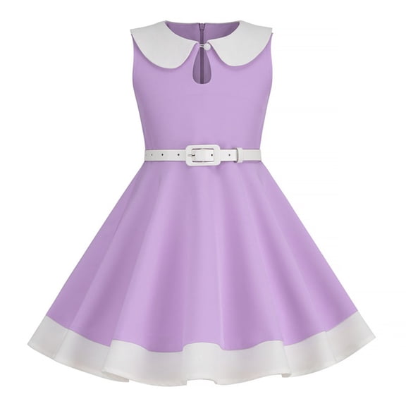 IFNWSV Girls Dresses Flutter Sleeves Round Neck Solid Color Cotton Blend Dress Knee Length 7-8 Years