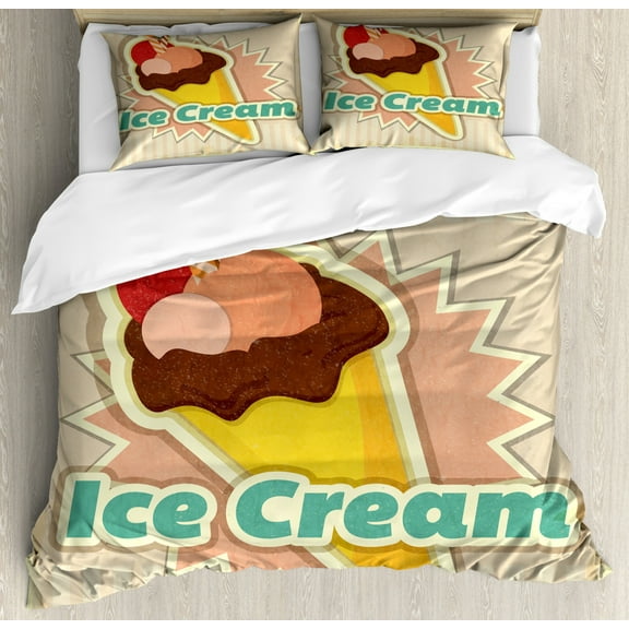 Ice Cream Duvet Cover Set Queen Size, Vintage Ice Cream Pattern in Funky Tones with Retro Style Effects Illustration, Decorative 3 Piece Bedding Set with 2 Pillow Shams, Multicolor, by Ambesonne