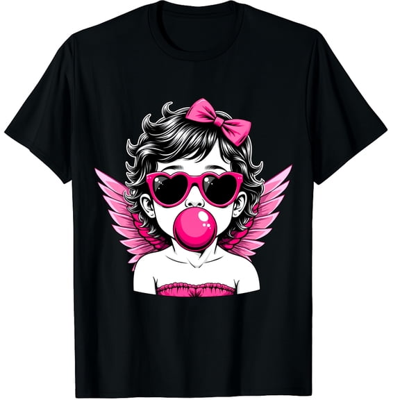 Retro Cupid Valentine Day Cute Vintage Cupid Blowing Bubble Graphic Black T-Shirt for Men and Women