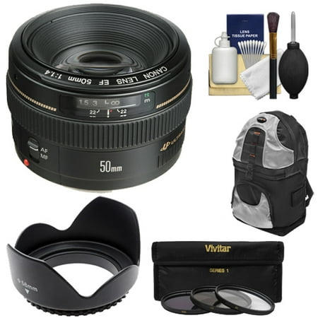Canon EF 50mm f/1.4 USM Lens with Backpack Case + 3 UV/CPL/ND8 Filters + Lens Hood + Cleaning Kit for EOS 60D, 7D, 5D Mark II III, Rebel T3, T3i, T4i Digital SLR