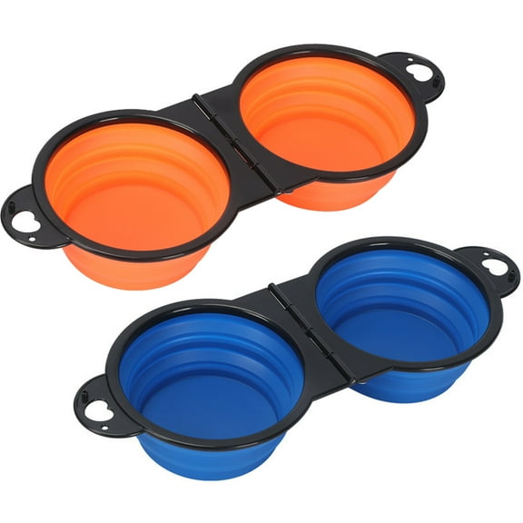 JUNZHIDAO Collapsible Dog Dual Bowls Reinforced Rim 180 Degrees Flip Over Foldable Double Bowl with Lock Clips More Stable Dog Travel Bowls Pet Food Water Feeder (Blue Orange)