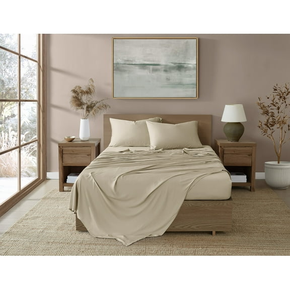 Brooklyn Loom 300 Thread Count Sateen 100% Rayon from Bamboo Deep Pocket 4 Piece King Sheet Set in Tan, All Season, Adult Size, OEKO-TEX Certified