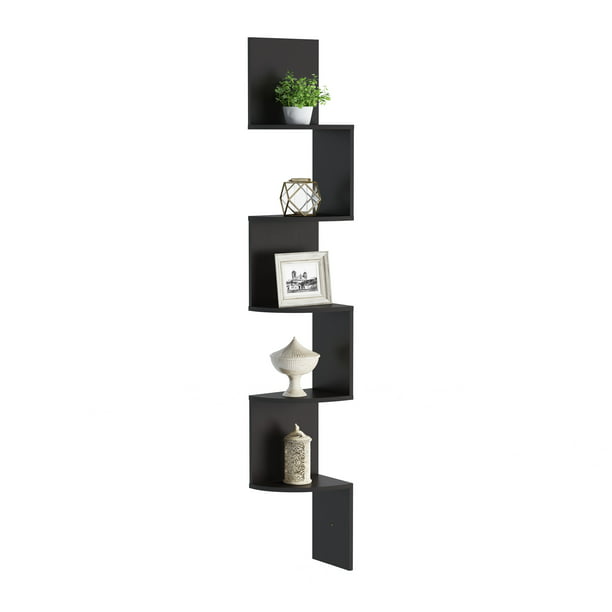 Floating Corner Shelf 5 Tier Wall, White Wall Shelves With Black Brackets