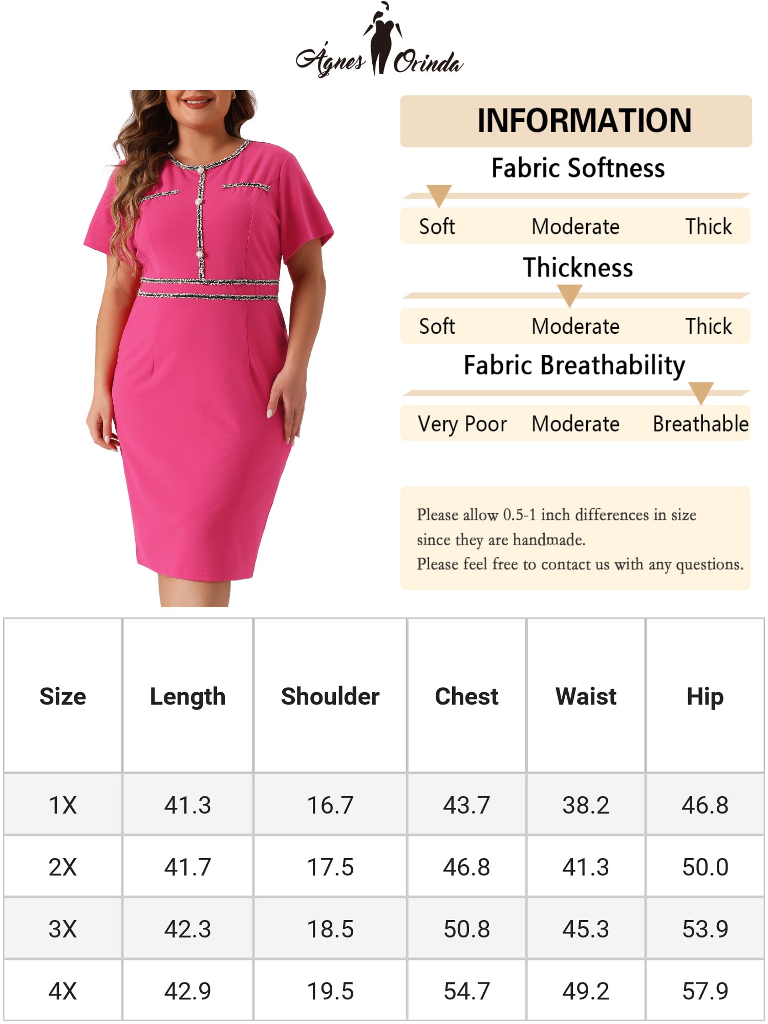 DARING DIVA Plus Size Button Crew Neck Bodycon Pencil Dress 1X Hot Pink