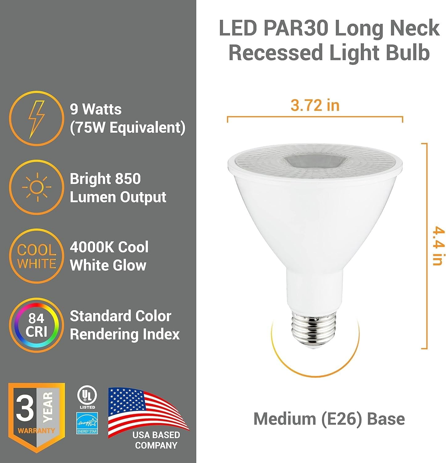 Diodesy- Pack of 6 PAR30LN/LED/9W/FL35/D/E/40K PAR30 Long Neck LED Flood Light Bulb, 9W (75-Watts EQ), Dimmable, 4000K Cool White, 850LM, Long Lasting E26 Light for Recessed Trim, Track, Accent, UL