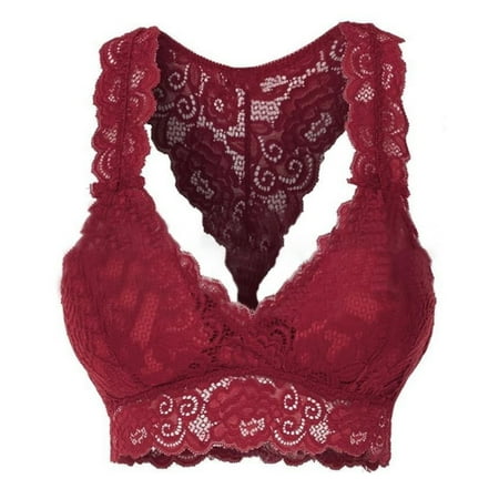 

huanledash Women Bra Floral Lace Wide Shoulder Strap Hollow Solid Color Beauty Back Brassiere for Sleeping