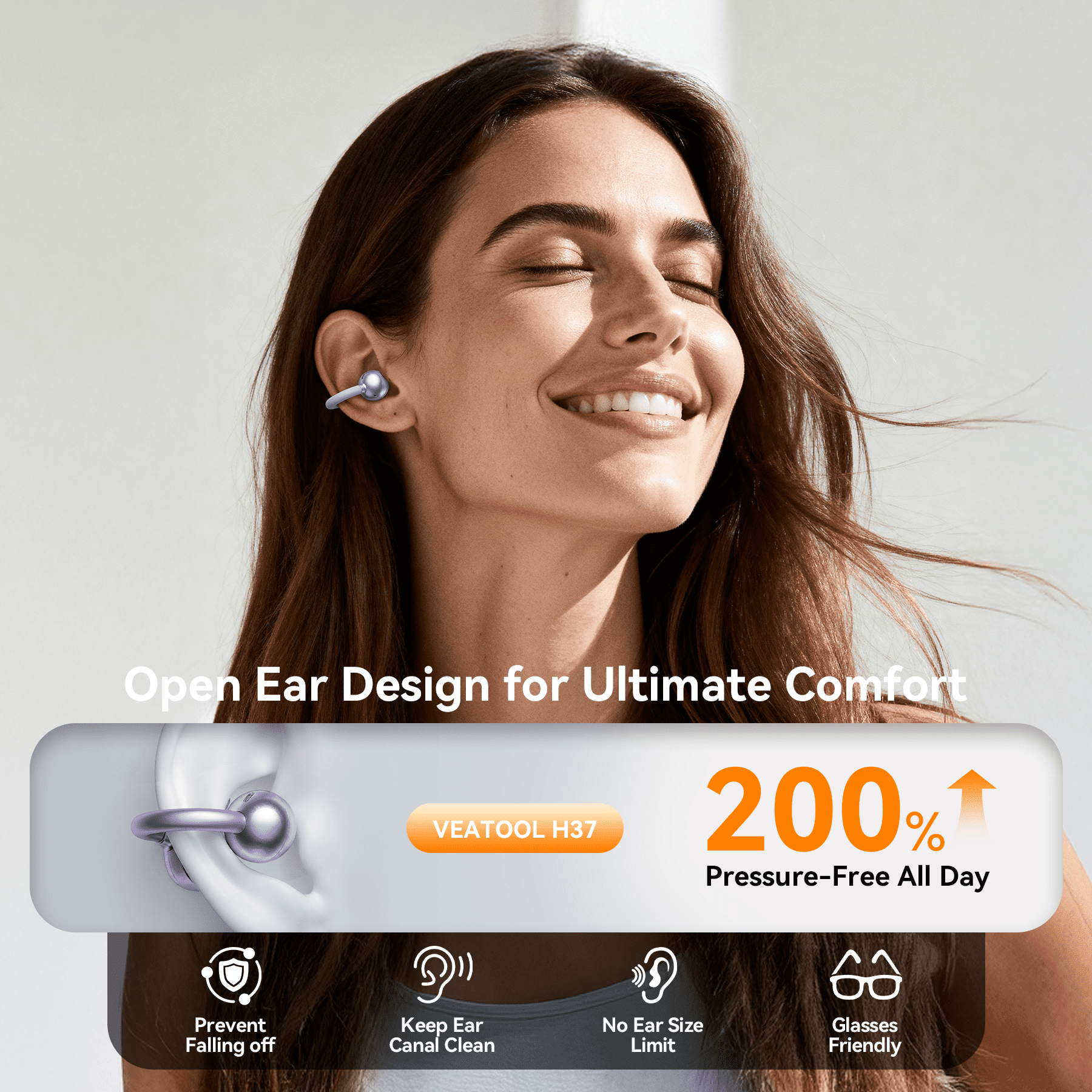 VEATOOL Clip On Earbuds,Bluetooth 5.4 Lightweight Comfort Bone Conduction Open Ear Headphones with LED Digital Display,Noise Cancelling Headphones, IPX7 Suitable for Small Ears and Eyeglass Wearers
