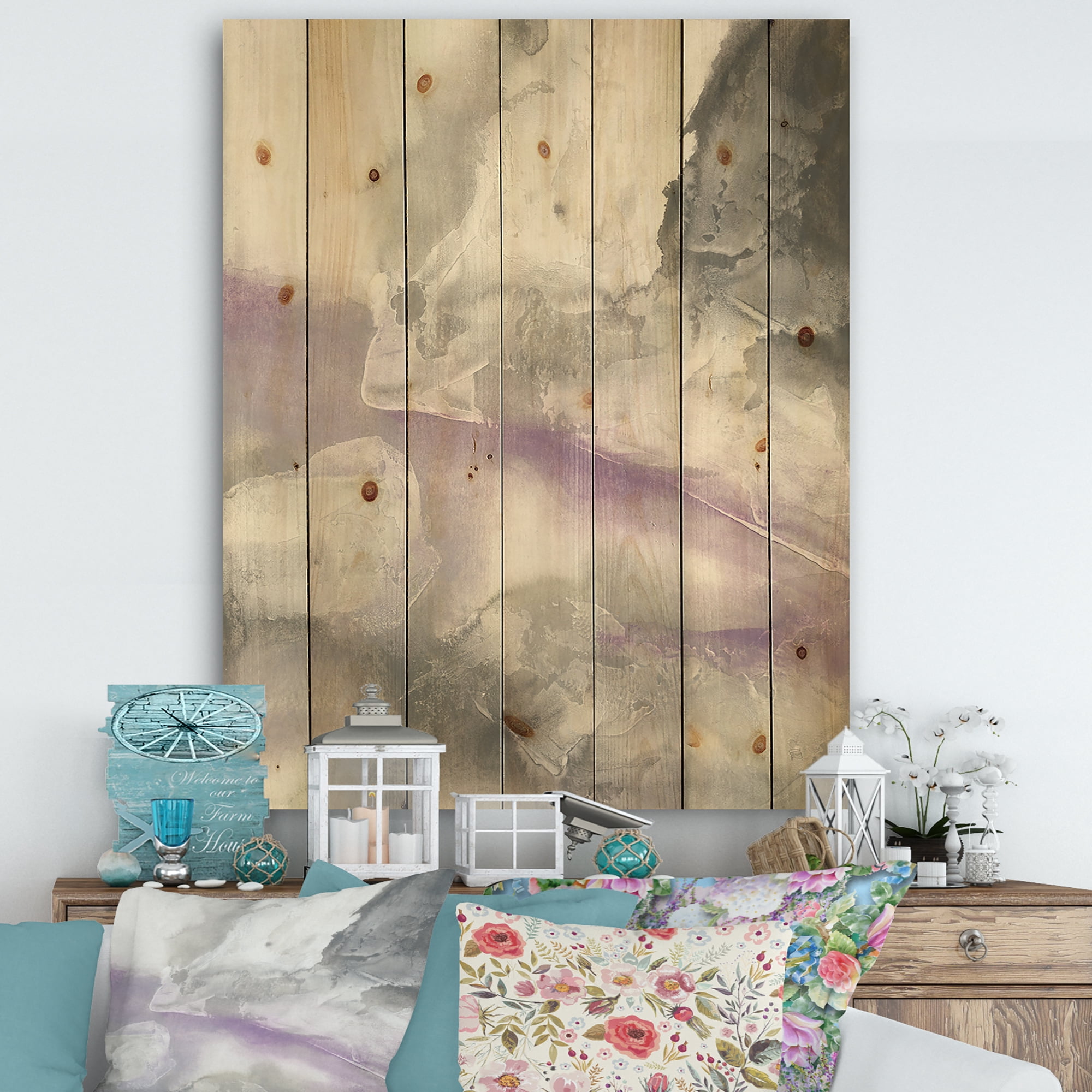 Designart 'Minimal Watercolor Purple Tones I' Modern Farmhouse Print on Natural Pine Wood
