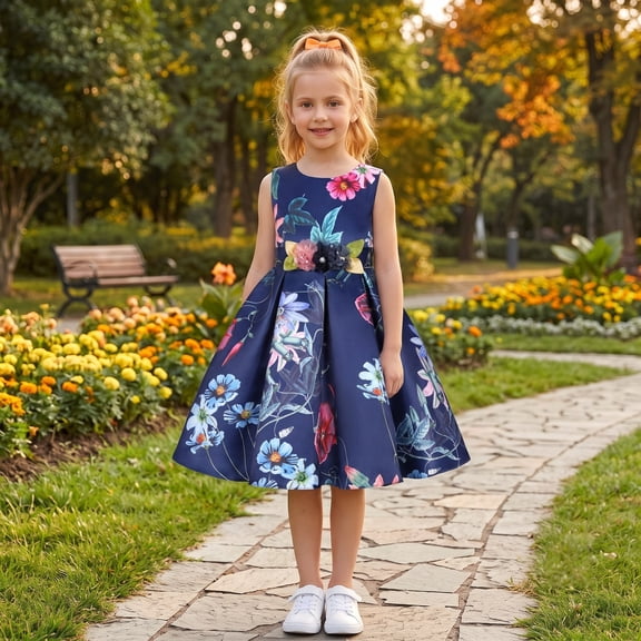 Princess Dress Girls Bow Design Floral Party Dress (Dark Blue)