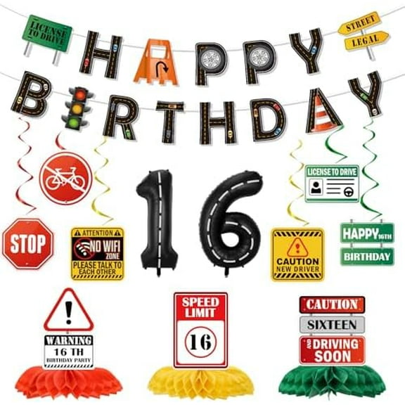 Drivers License 16th Birthday Decorations for Boys, 17PCS 16th Bday Banners with Hanging Swirls Party Decoration Car Themed Road Signs Honeycomb Centerpieces Ballons Decor for Learner Driver