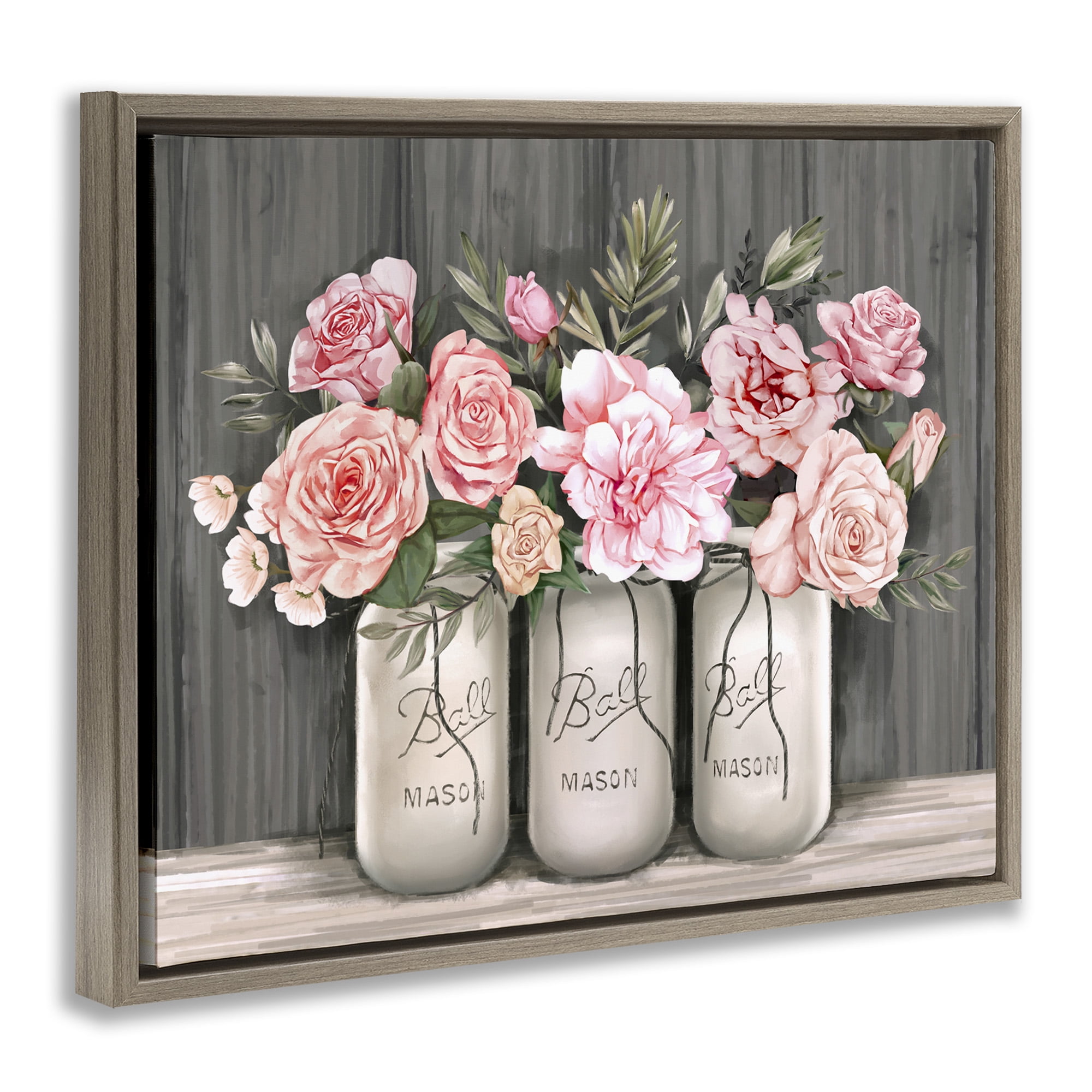 Stupell Industries Blossoming Pink Rose Bouquets Botanical & Floral Painting Brown Floater Framed Canvas Art Print Wall Art, 21 x 17