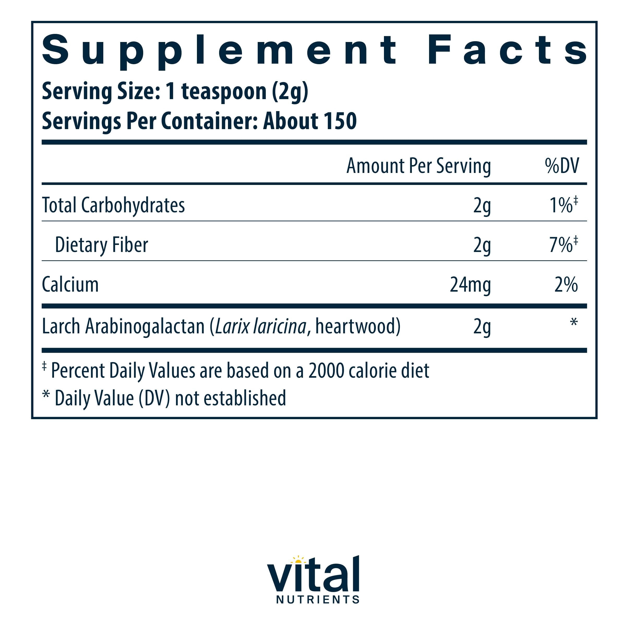 Vital Nutrients Arabinogalactan Powder | Vegan Prebiotic Fiber Supplement for GI Health, Liver, and Immune Support | Gluten, Dairy, Soy Free | Non-GMO | 300g