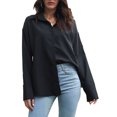 thumbnail image 1 of Camisa de manga larga con cuello en V para mujer, color puro, holgada, con puños grandes, perfecta para fiestas, trabajo o ropa informal. Talla M, color negro, 1 of 6