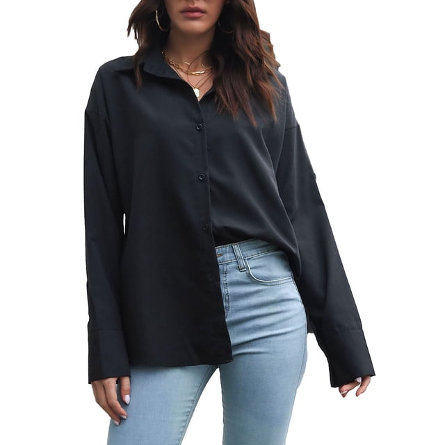 Camisa de manga larga con cuello en V para mujer, color puro, holgada, con puños grandes, perfecta para fiestas, trabajo o ropa informal. Talla M, color negro