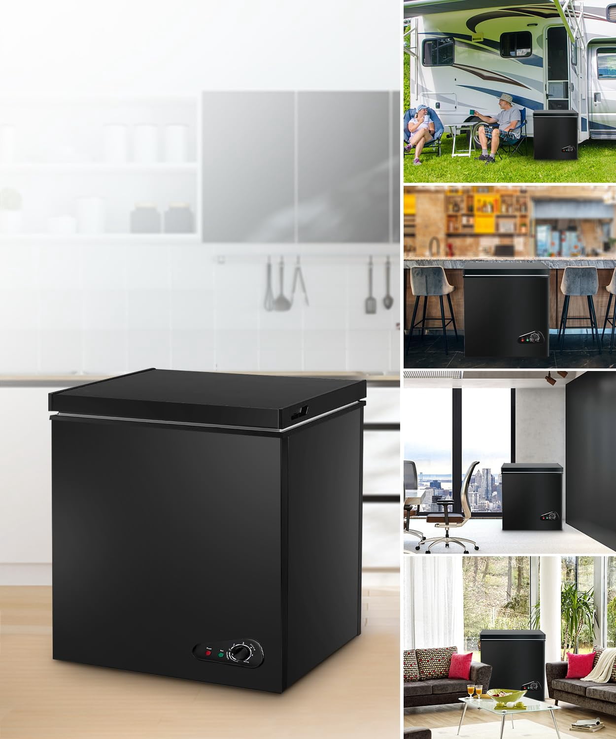5.0 Cu.Ft Mini Chest Freezer, 2 Removable Baskets, 6 Level Adjustable Thermostat Front Defrost Drain, Quiet R600a Compressor for Dorm Home, Black