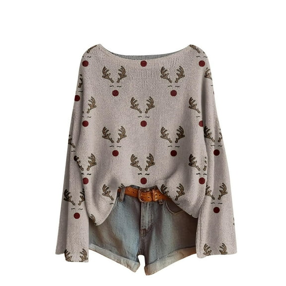 Fiaer Womens Sweater Christmas Gift Plus Size Trendy Funny Graphic Knitted Pullover Baggy Casual Crew Neck Xmas Tops Light Gray XL