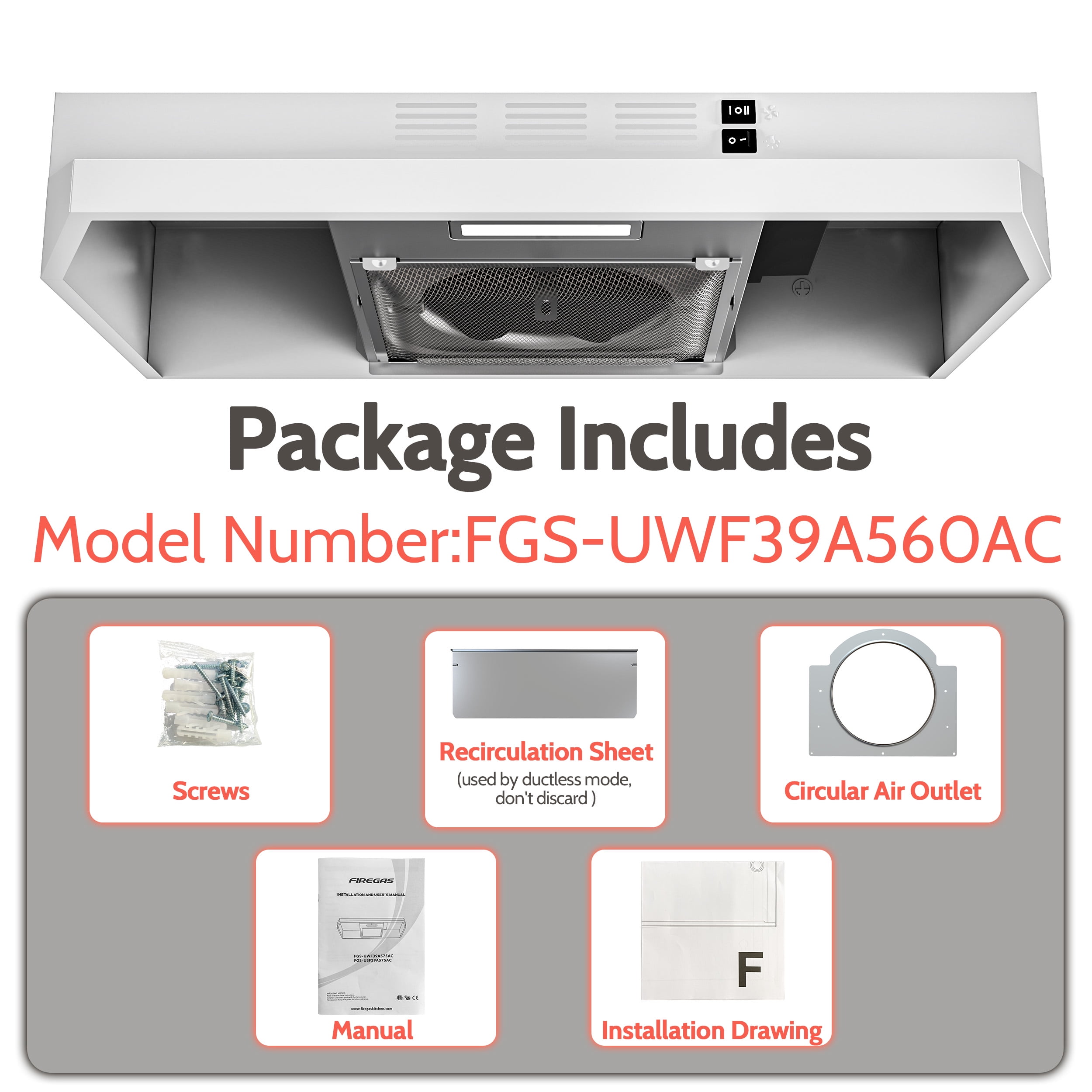 FIREGAS Range Hood 24 inch, Under Cabinet Kitchen Hood with 2 Speed Exhaust Fan, 300 CFM Stove Vent Hood