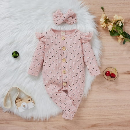 

KONBECA Baby Boys Girls Rompers Infants Pure Cotton Coverall Newborn Baby Girls Jumpsuit Bodysuit Long Sleeve Flower Romper with Headband Suit Outfits (3-18 Months)