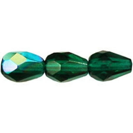 3 Teardrop Shape - 7x5mm Fire Polished Teardrop Glass Bead Emerald Green AB (25)