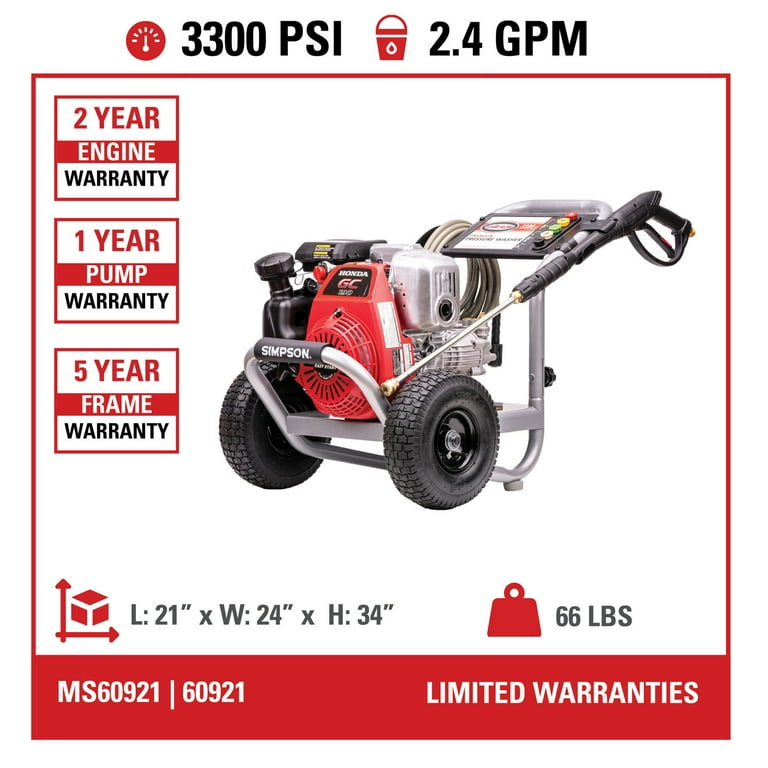 Simpson megashot 3300 psi at 2.4 sale gpm honda gc190 premium gas pressure washer