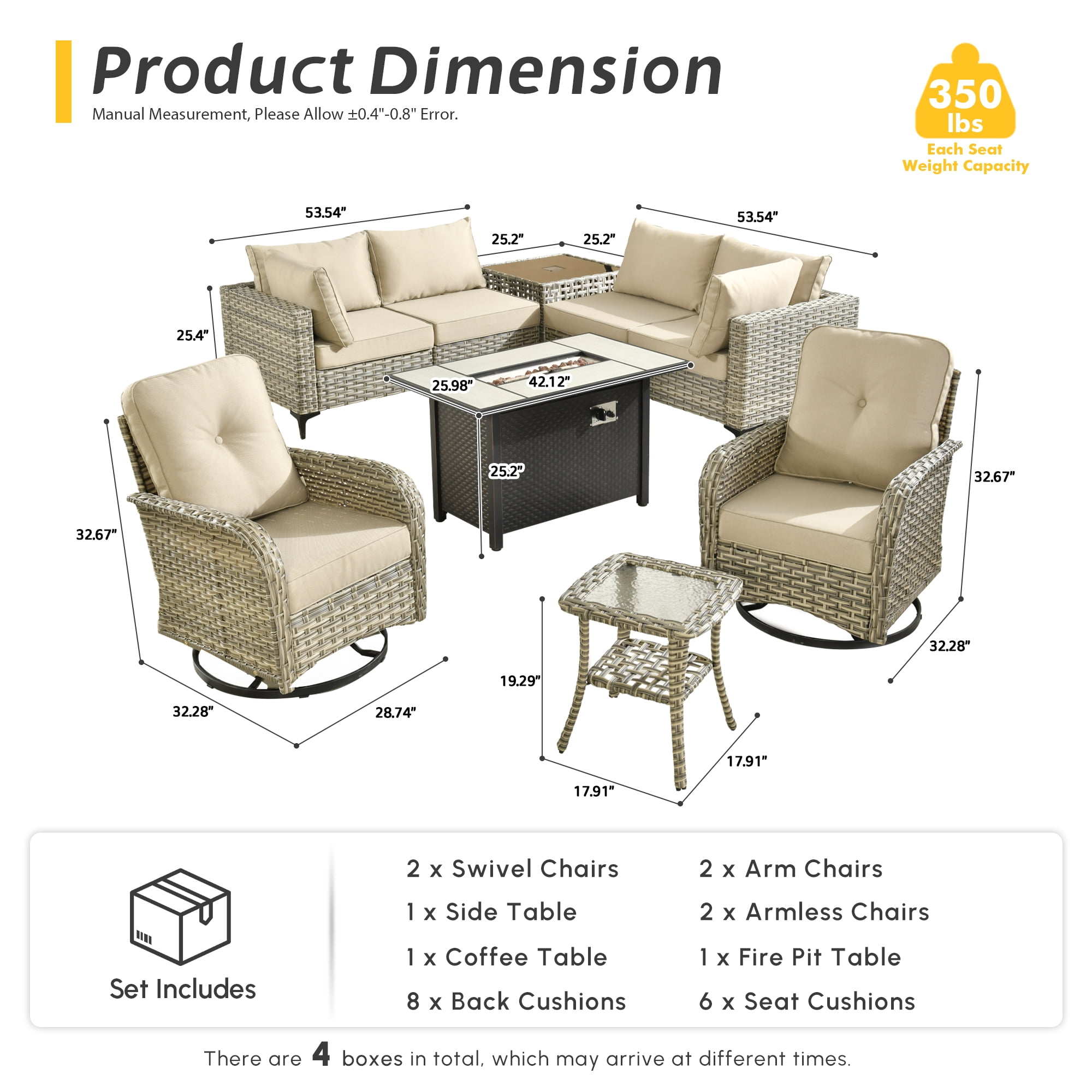 Toject 9 Pieces Patio Furniture Set All Weather Wicker Outdoor Conversation Set with 42" Fire Pit Outside Furniture Patio Sofa with Swivel Chairs & Solar Table, Beige