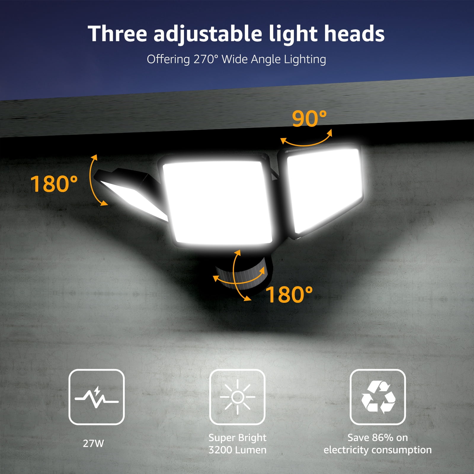 Lepro Motion Sensor Outdoor Light  , LED Security Flood Lights with 3 Adjustable Heads, 270° Wide Lighting Angle, 27W 3200LM Super Bright, IP65 Waterproof for Yard Porch Garage, Black