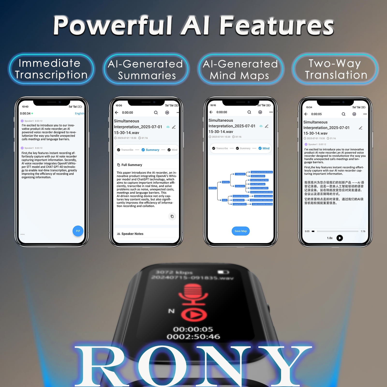 RONY 128GB AI Digital Voice Recorder with APP, 3072kbps Portable Audio Recorder with Transcribe Summarize Interpretation for Business Meeting Lecture Interview