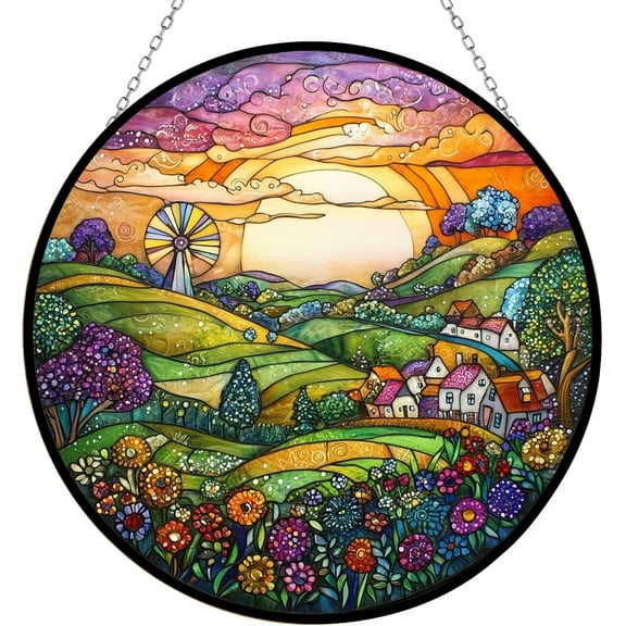 Boho Folk Art Windmill Landscape Stained Glass Sun Catcher, Wall Hanging Colored Decor Room Indoor Window Decor, Halloween, Christmas Hanging Ornament Mother Day