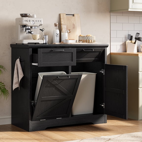 Anyact Tilt Out Trash Cabinet, Freestanding Recycling Cabinet with Hideaway Drawer, 2 x 10 Gallon(No Trash Can)