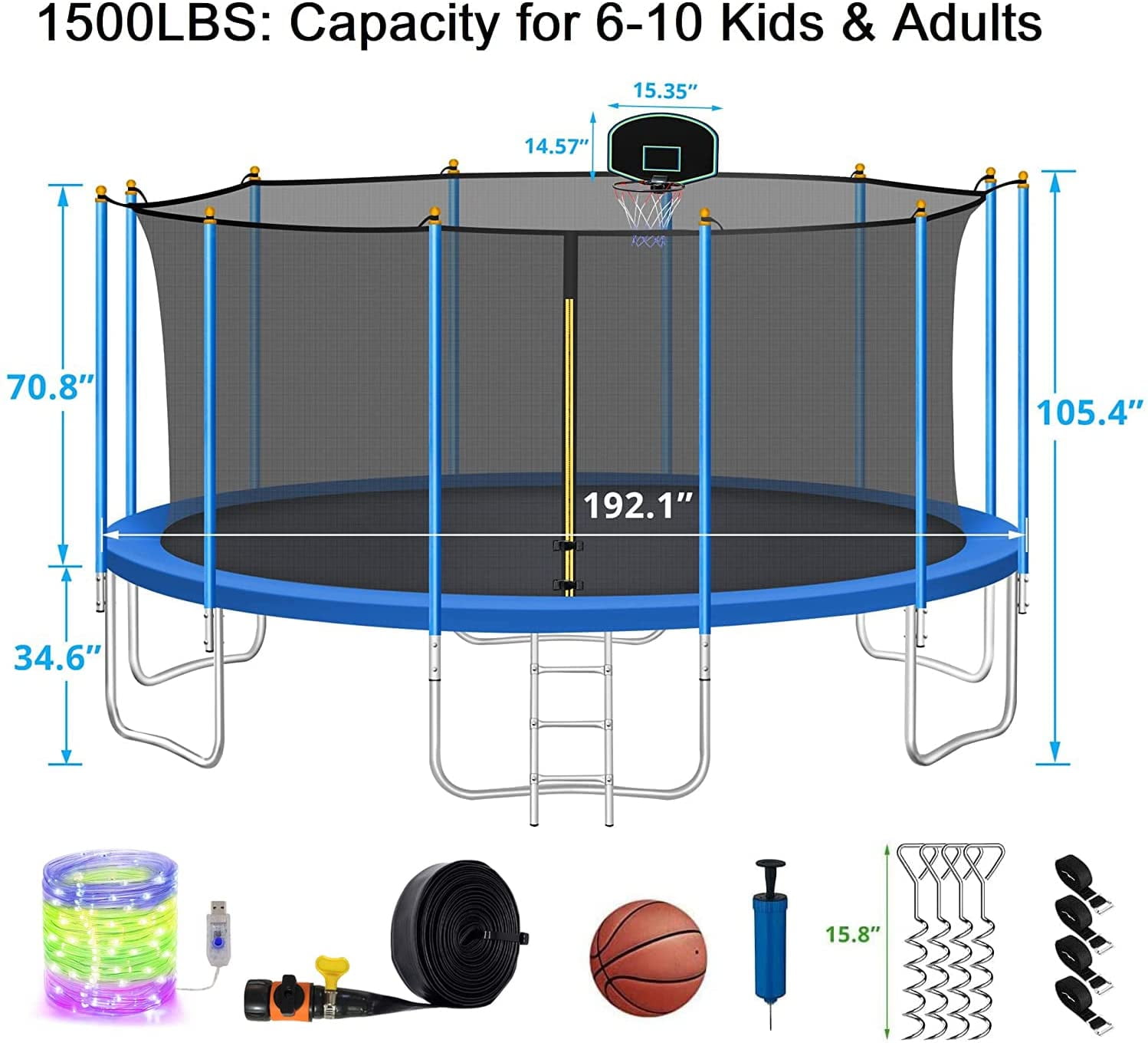 Spring Pad Mat Capacity for 10 Kids ASTM Approved Basketball Hoop and Ball Ladder LHX 1500LBS Tranpoline for Adults 16FT Tranpoline with Safety Enclosure Net 