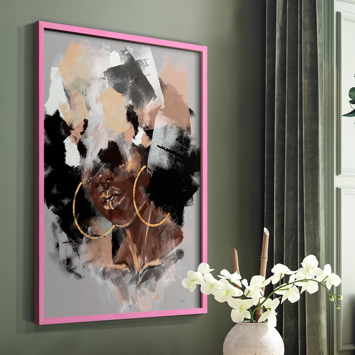 Afro Pop Framed Print in Pink Solid Wood Framed Print No Nail Hanging