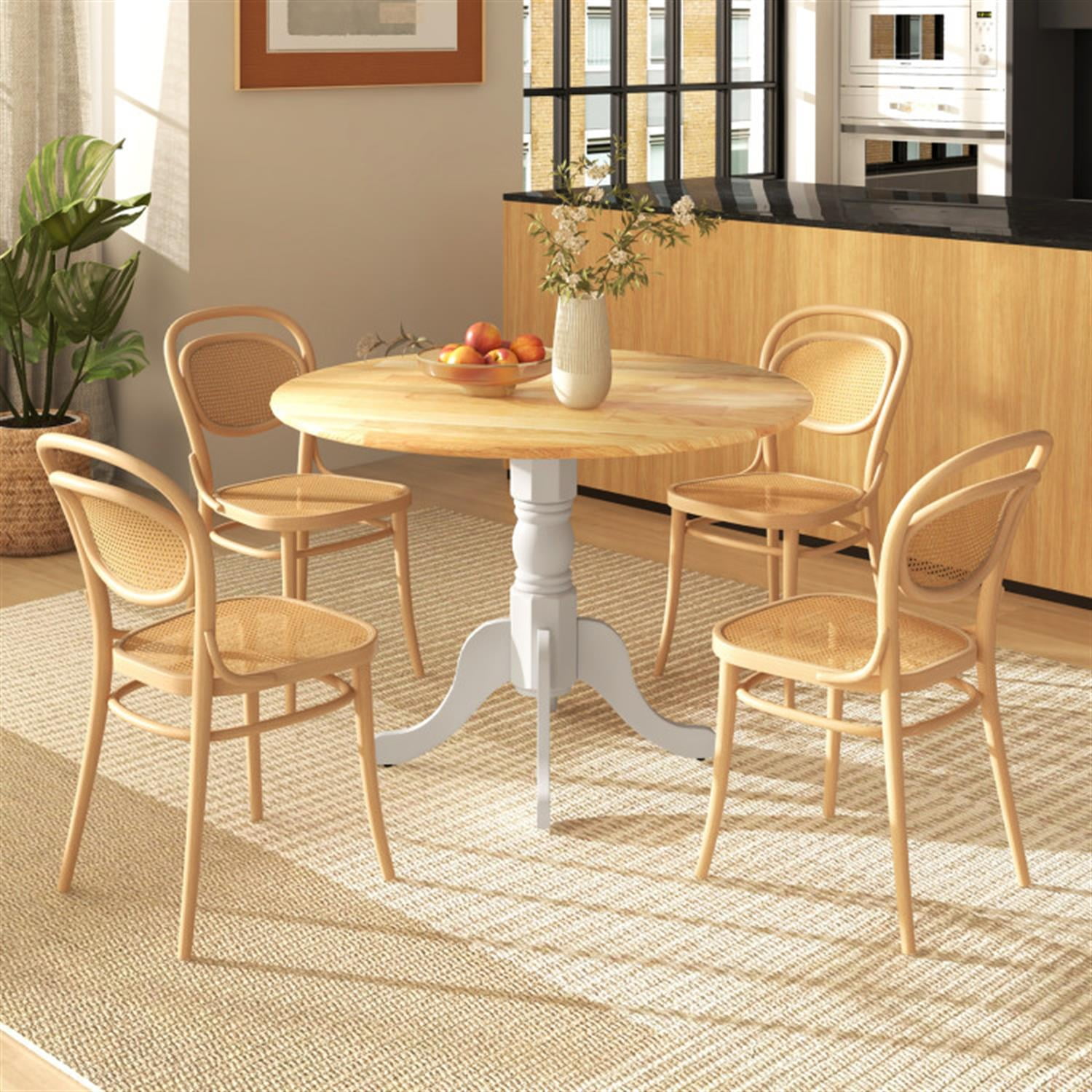 Demi Bonn Wooden Dining Table with Round Tabletop and Curved Trestle Legs, Modern Kitchen Table Furniture for Dining Room, Dinette, Beige+White