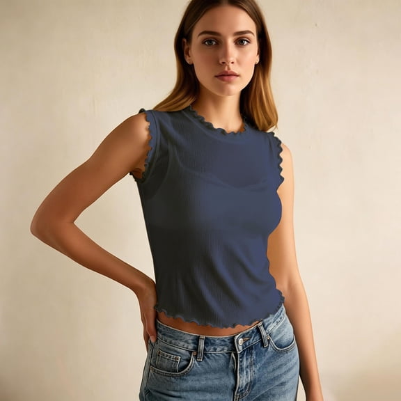 XIAONA Casual Tank Tops For Women Summer Sleeveless Solid Color Crew Neck Racerback Flounce Standard Straps Comfortable Breathable Soft Fashion Sexy Daily Basic Tops For Female,L