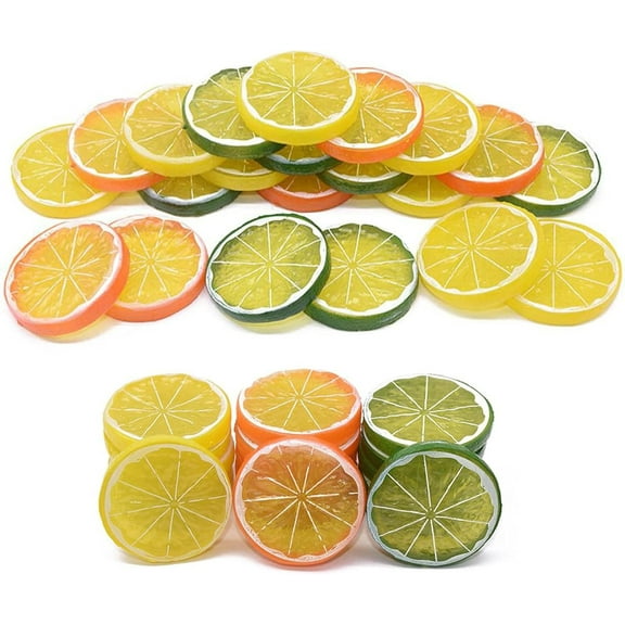 GIXUSIL 30Pcs Simulation Lemon Slices,Realistic Lemon Slices Plastic Lifelike Fake Fruit Model Artificial Lemon Props for Party Kitchen Wedding Decoration Photography Props, Orange, Green and Yellow