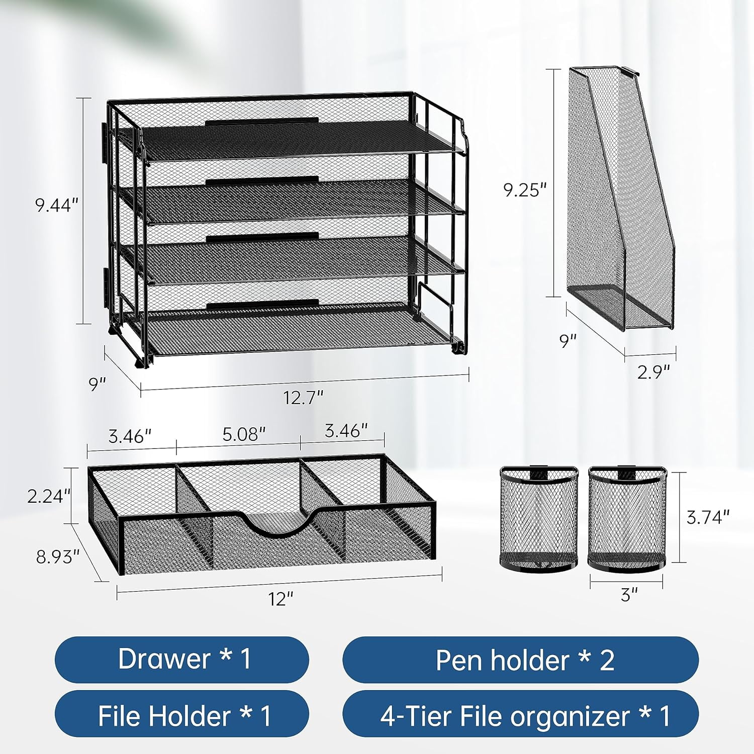 INTIGE 4-Tier Metal Desk Organizer with File Holder, 1 Drawer, 2 Pen Holders, Office File Paper Organizer, Black