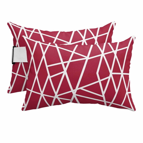 Abstract Red Geometric Outdoor Pillow for Chaise Lounge Chair,Modern White Line Waterproof Headrest Lumbar Pillows with Insert&Elastic Strap for Patio Pool Garden Chairs Decor,2 Pack