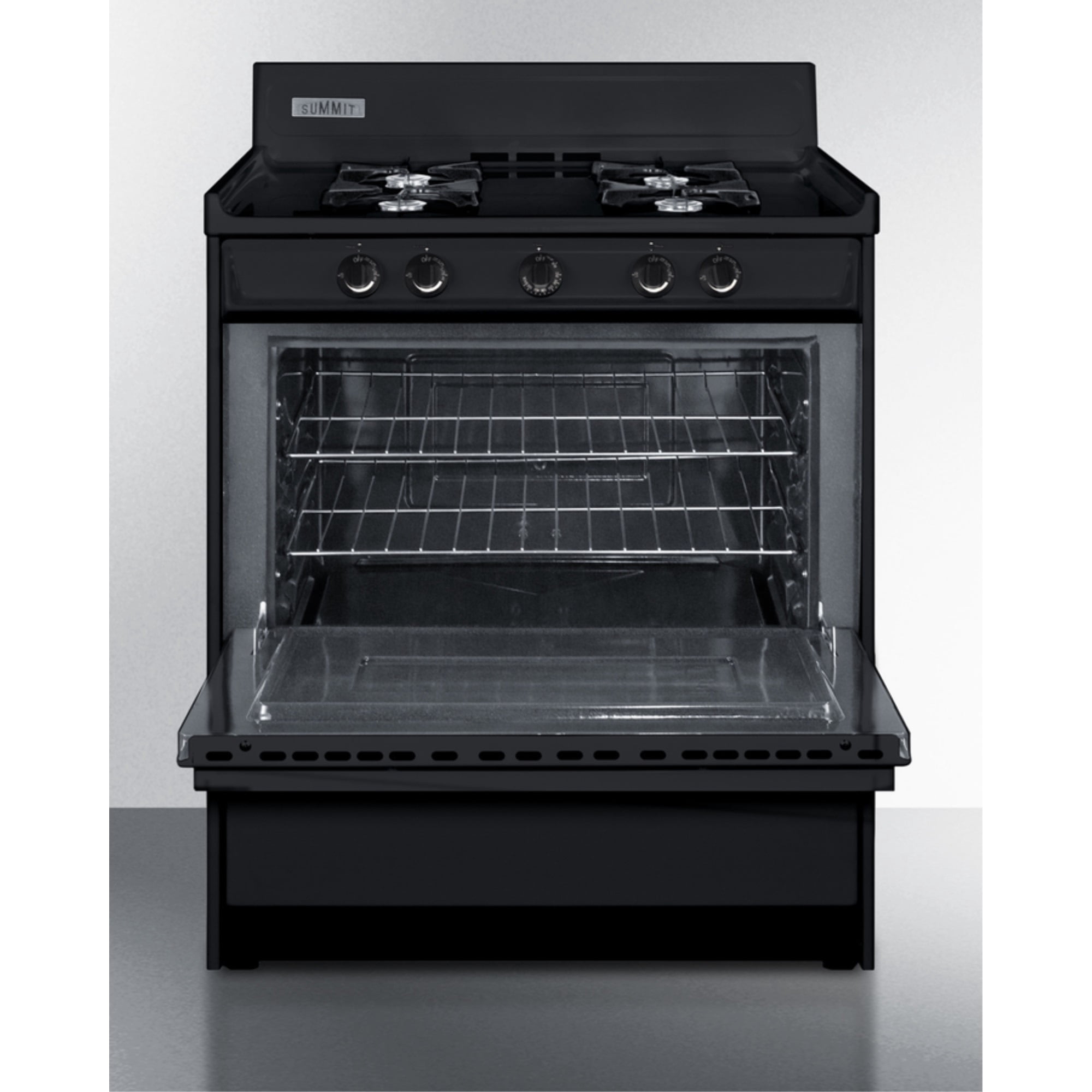 30" wide gas range in black, open burners
