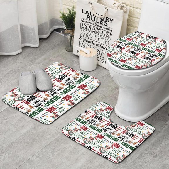 Multicolor Christmas Pattern Bathroom Rugs Sets 3 Piece,Toilet Cover Set,Absorbent Non Slip Bathroom Mats Sets with U-Shaped Contour Rug Toilet Rug Set