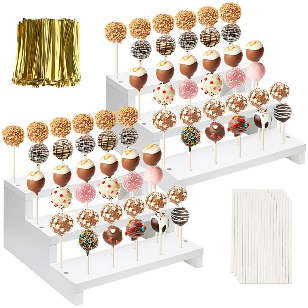 Expositor Cake Pop KhayRovies de 3 niveles, madera blanca, 33 agujeros