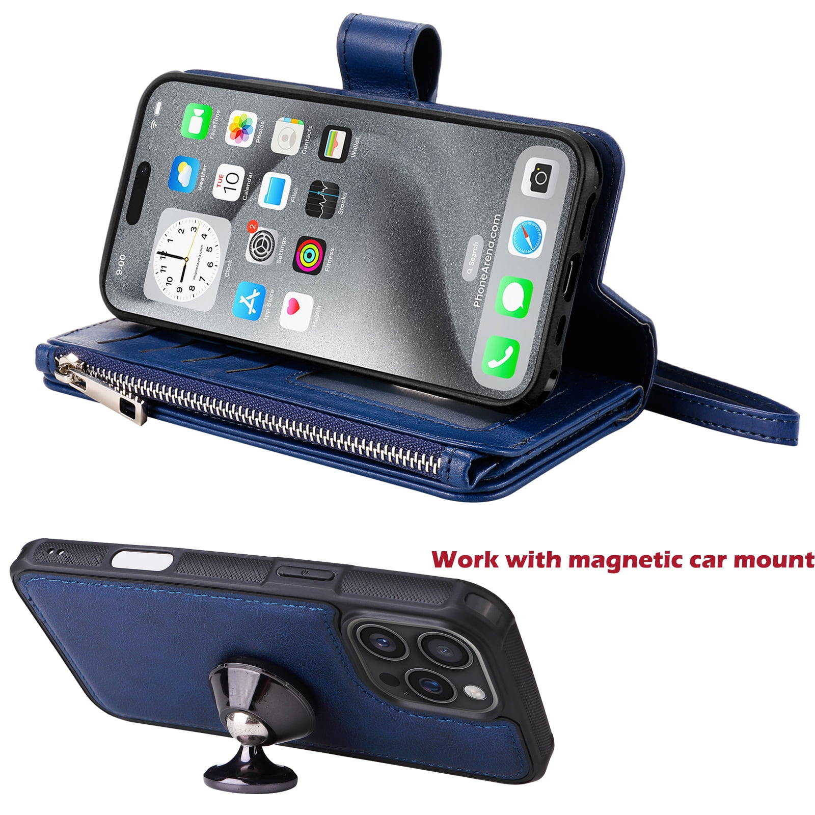 Dteck for iPhone 16 Wallet Case, 2 In 1 Detachable Protective Phone Case Women Men Kickstand flip Cover Wrist Strap Zipper Credit Card Holder Slots for iPhone 16,Blue