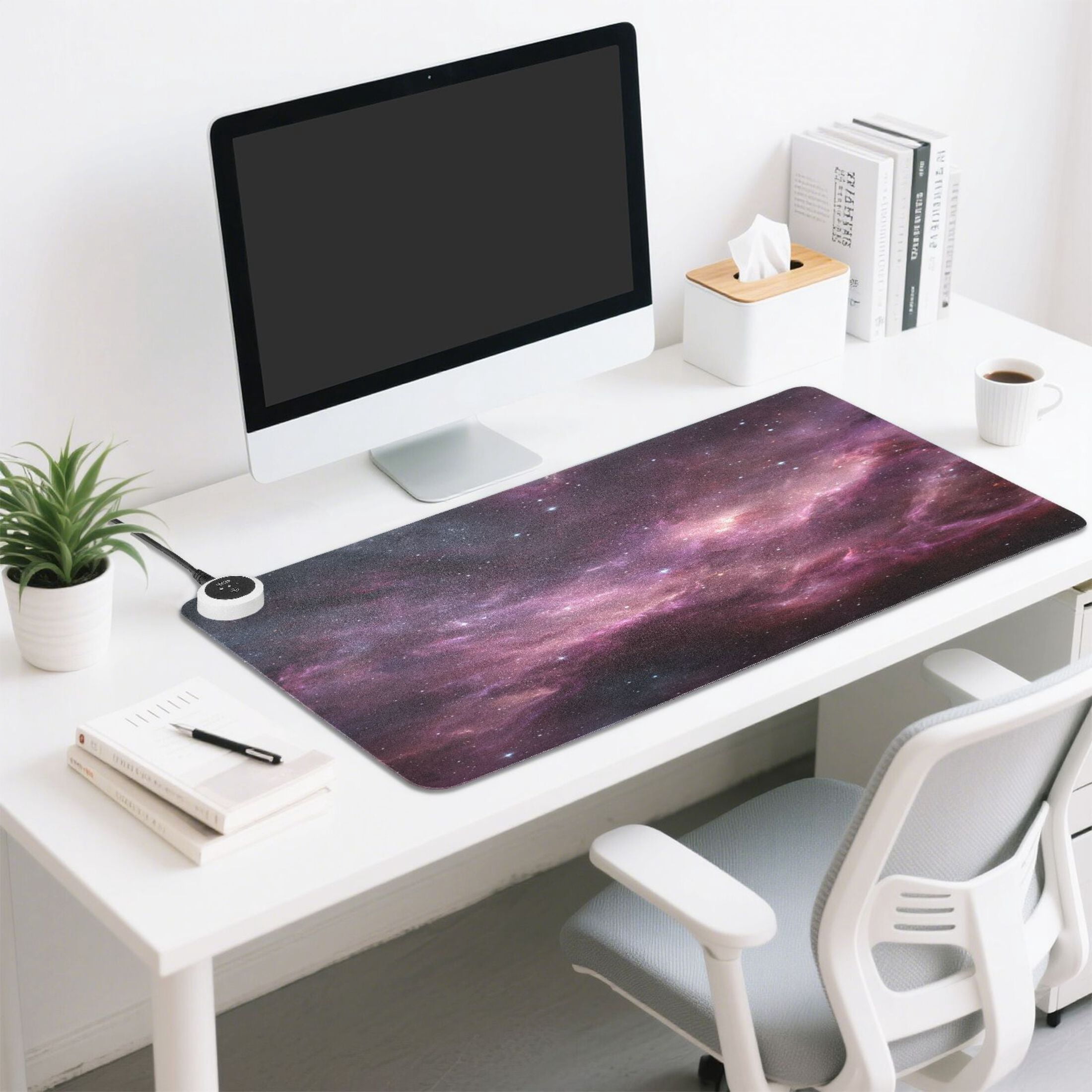 Large Heated Desk Mat Mouse Pad 31.5"x13"PU Leather Graphene Heating Desk Warmer with 3 Temperature Settings 110V US Plug Non-Slip Warm Pad for Home, Office, and Gaming Deep Space Nebula Art