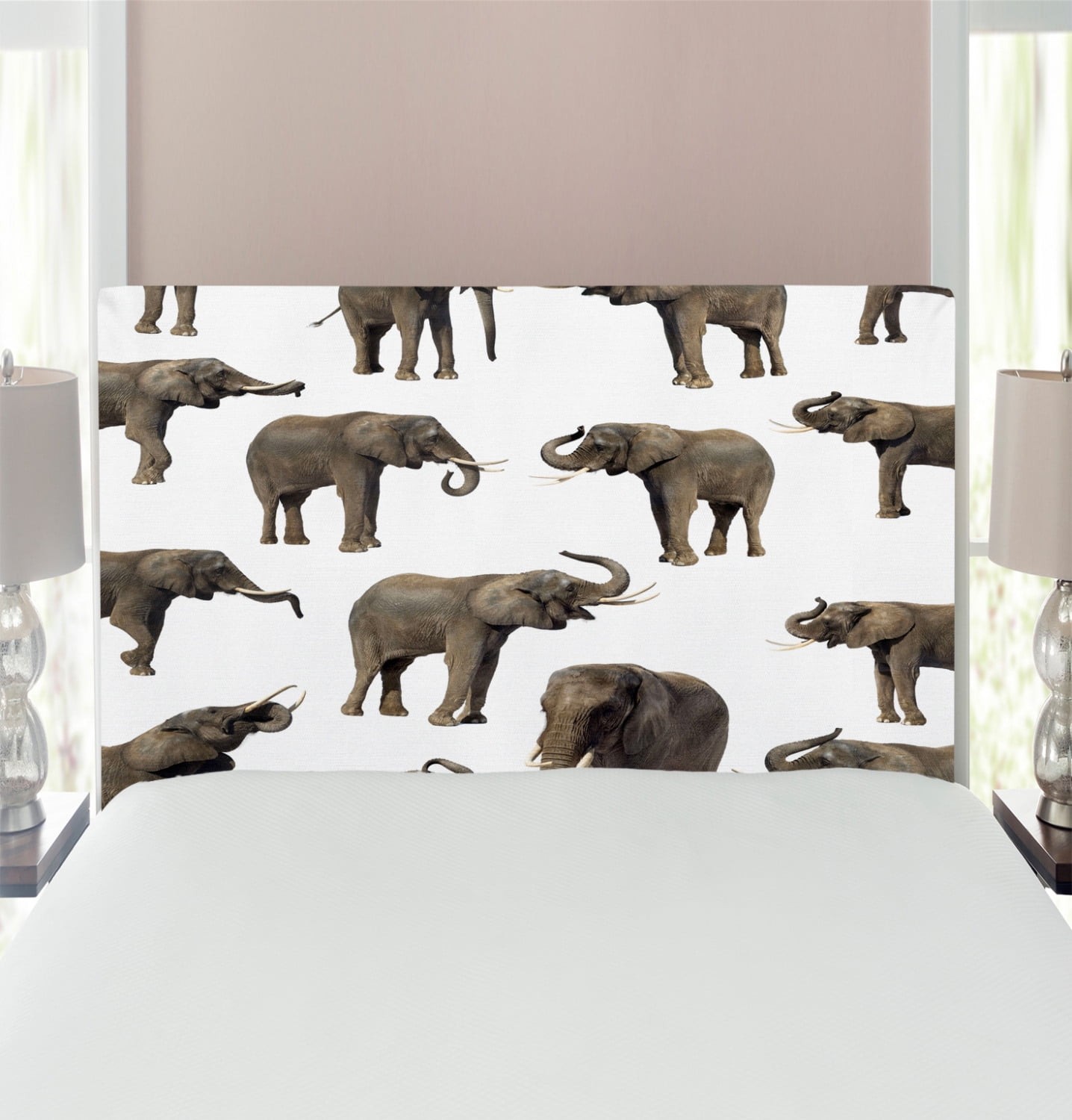 Animal Headboard, Group ofTusk Ear Large Wild Life Jungle Mammal Forest Jungle Life, Upholstered Decorative Metal Bed Headboard with Memory Foam, Full Size, Sepia White, by Ambesonne Animal Headboard, Group ofTusk Ear Large Wild Life Jungle Mammal Forest Jungle Life, Upholstered Decorative Metal Bed Headboard with Memory Foam, Full Size, Sepia White, by Ambesonne