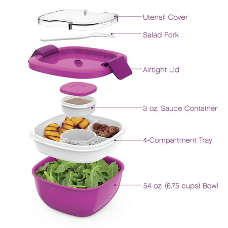Bentgo® Salad - Stackable Lunch Container with Large 54-oz Salad Bowl, 4-Compartment Bento-Style Tray for Toppings, 3-oz Sauce Container for Dressings, Built-In Reusable Fork & BPA-Free (Blue)