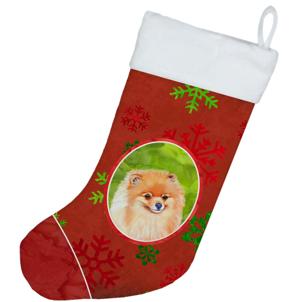 Caroline's Treasures Pomeranian Snowflakes Multi-color Christmas Stocking, with Soft Suede Fabric 18"