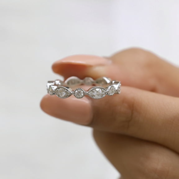 VINSON Vintage Style Matching Wedding Ring - 0.87 TW Round Cut Milgrain Bezel Set Moissanite Diamond Wedding Band - Moissanite Eternity Wedding Ring